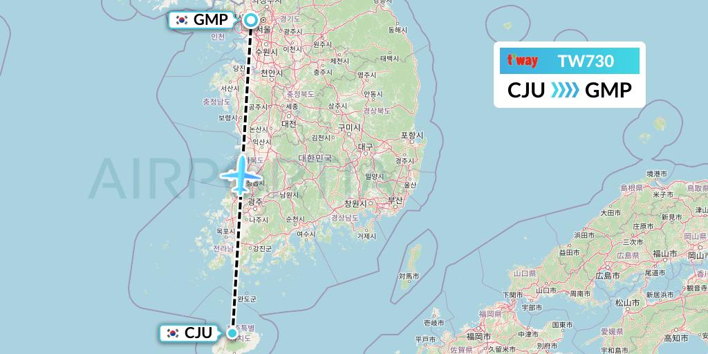 TW730 T'way Air Flight Map: Jeju to Seoul