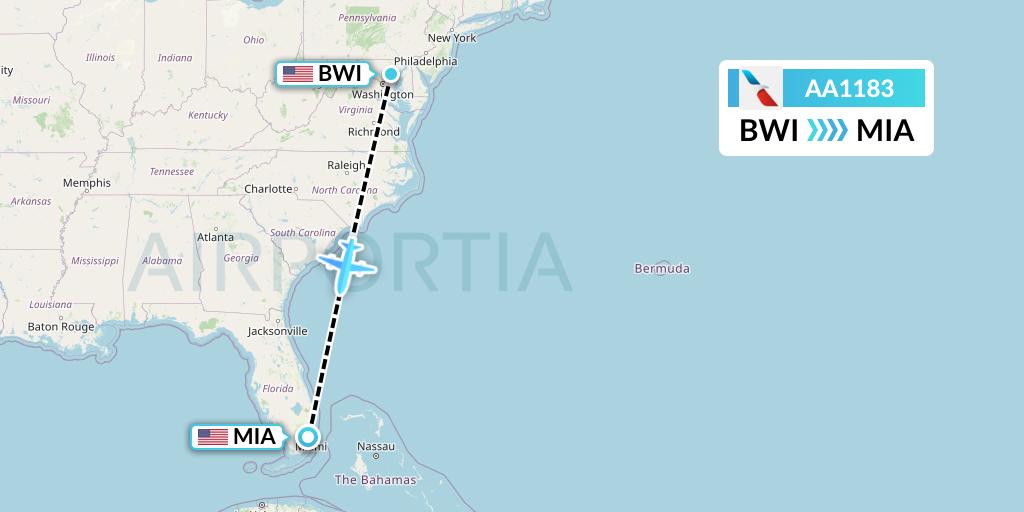 AA1183 American Airlines Flight Map: Baltimore to Miami