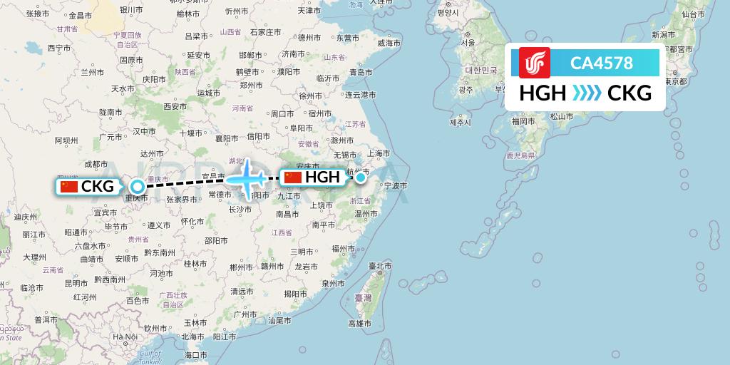 CA4578 Air China Flight Map: Hangzhou to Chongqing