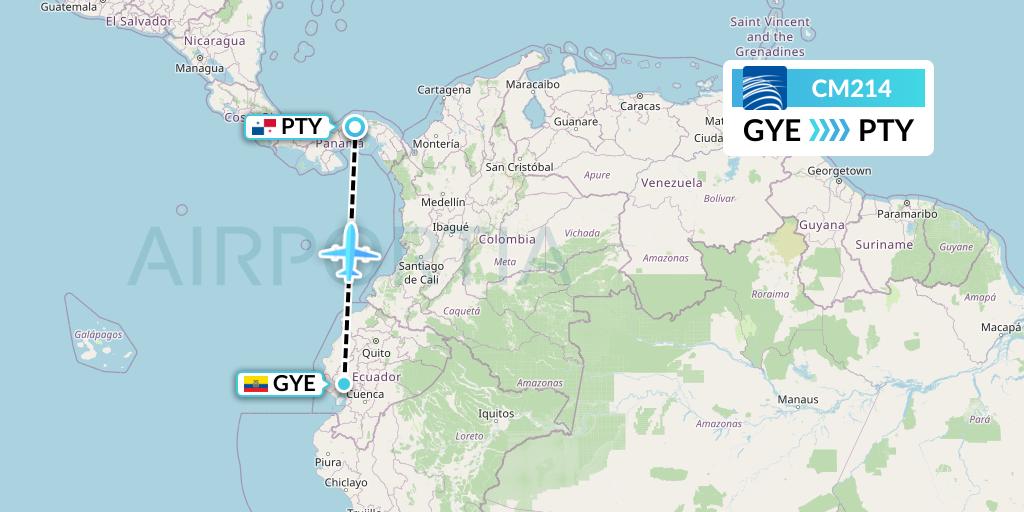 CM214 Copa Airlines Flight Map: Guayaquil to Panama City
