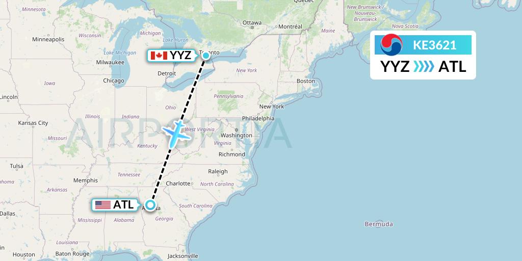 KE3621 Korean Air Flight Map: Toronto to Atlanta