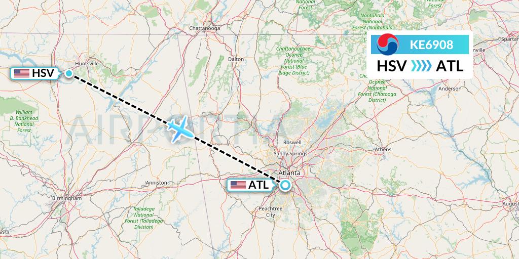 KE6908 Korean Air Flight Map: Huntsville to Atlanta