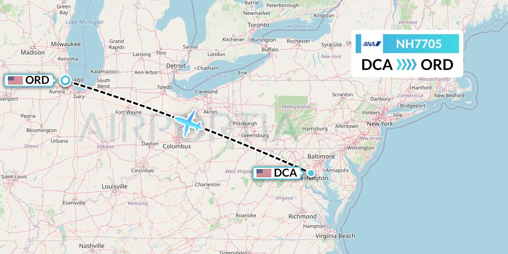 NH7705 All Nippon Airways Flight Map: Washington to Chicago