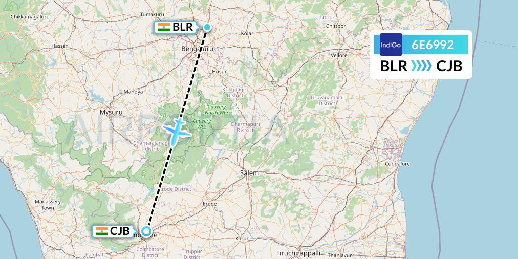6E6992 IndiGo Airlines Flight Map: Bangalore to Coimbatore