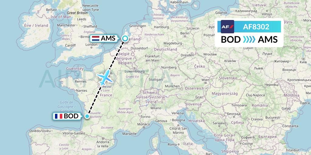 AF8302 Air France Flight Map: Bordeaux to Amsterdam