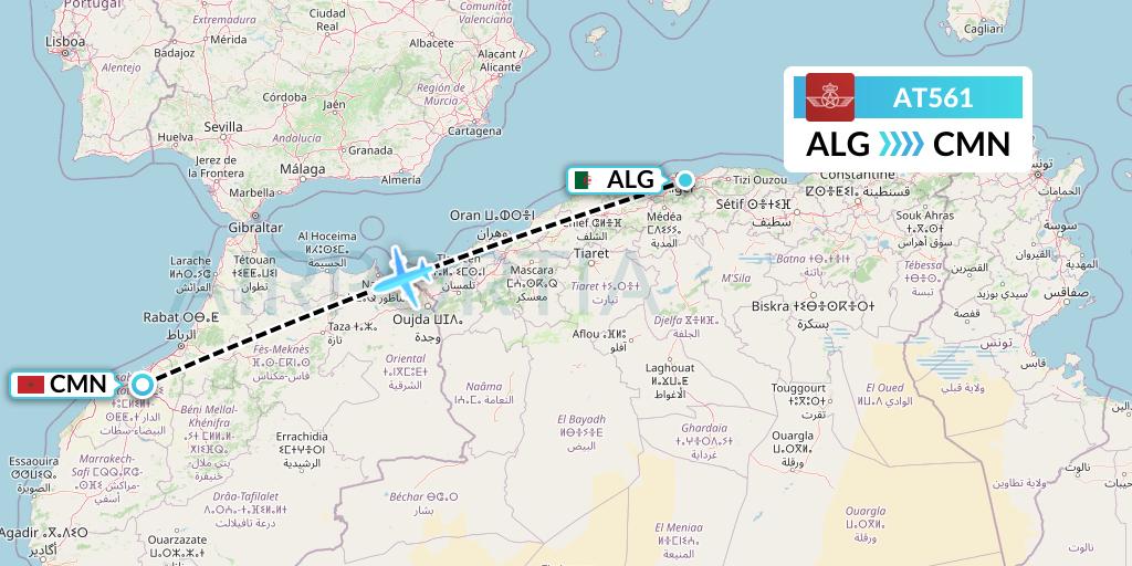 AT561 Royal Air Maroc Flight Map: Algiers to Casablanca