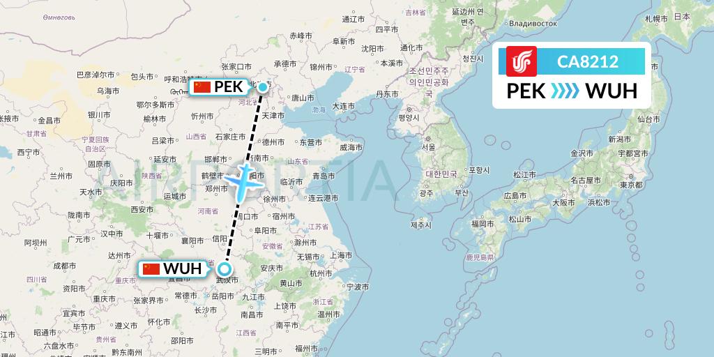 CA8212 Air China Flight Map: Beijing to Wuhan