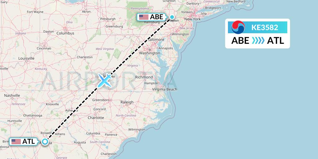 KE3582 Korean Air Flight Map: Allentown to Atlanta