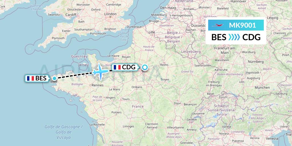 MK9001 Air Mauritius Flight Map: Brest to Paris