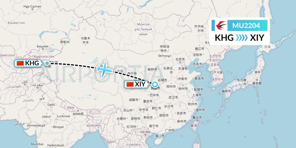 MU2204 China Eastern Airlines Flight Map: Kashgar to Xi'an