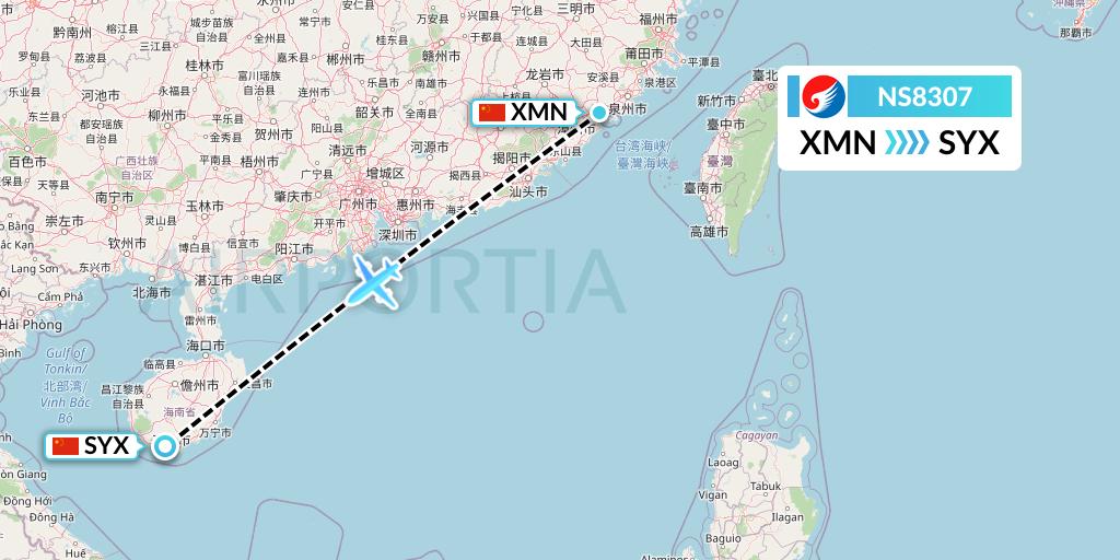 NS8307 Hebei Airlines Flight Map: Xiamen to Sanya
