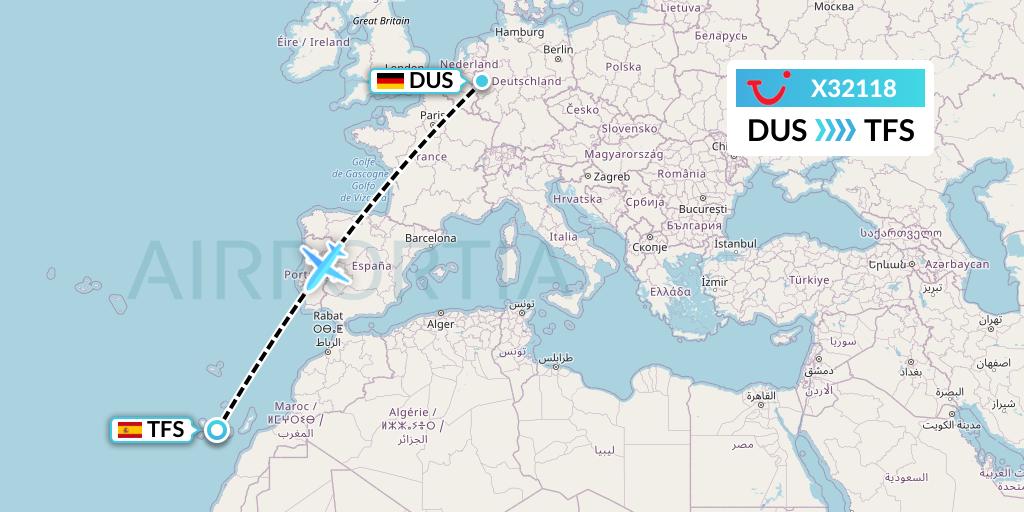 X32118 TUI fly Germany Flight Map: Dusseldorf to Tenerife