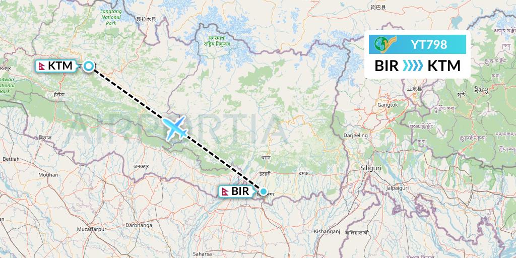 YT798 Yeti Airlines Flight Map: Biratnagar to Kathmandu