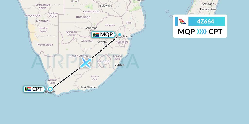 4Z664 Airlink Flight Map: Nelspruit to Cape Town