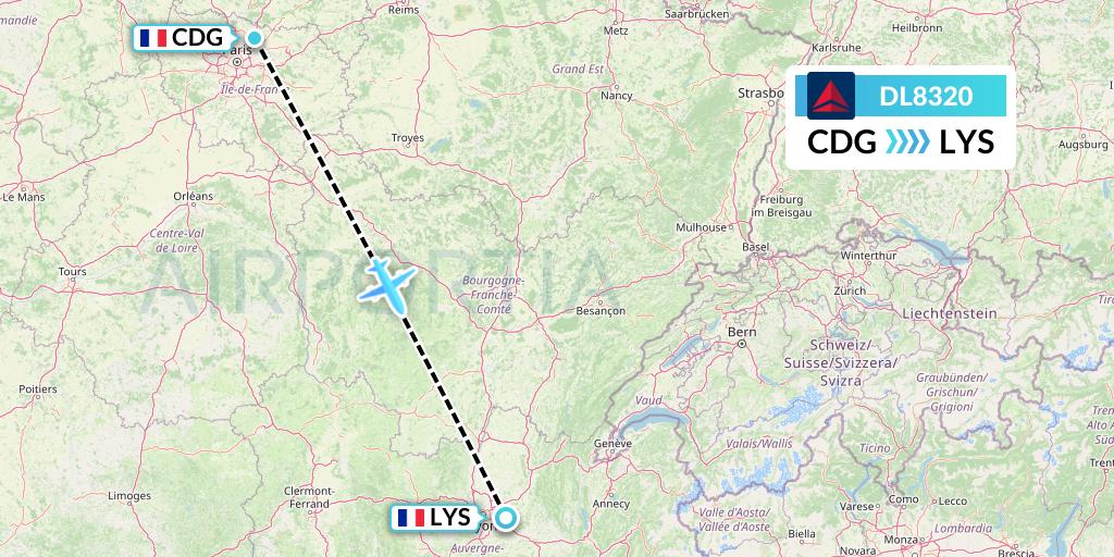 DL8320 Delta Air Lines Flight Map: Paris to Lyon