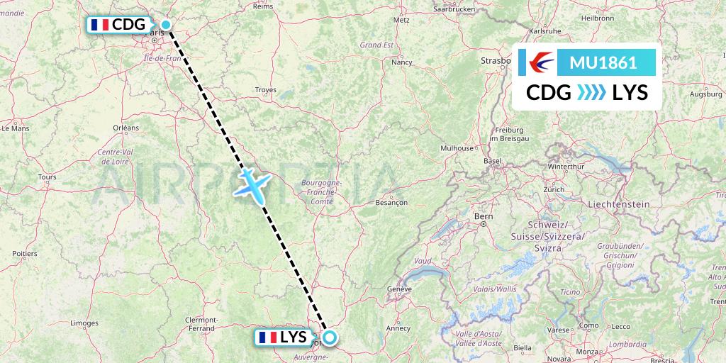 MU1861 China Eastern Airlines Flight Map: Paris to Lyon