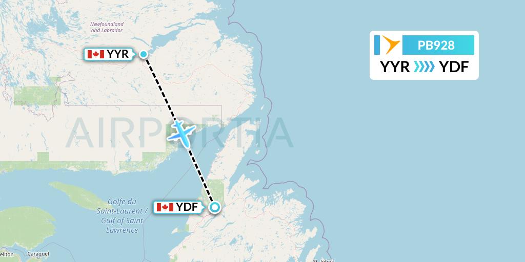 PB928 PAL Airlines Flight Map: Goose Bay to Deer Lake