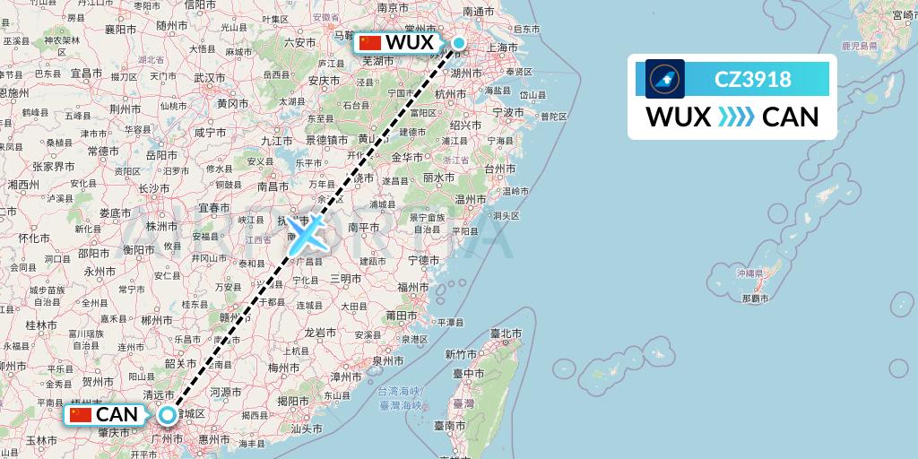 CZ3918 China Southern Airlines Flight Map: Wuxi to Guangzhou