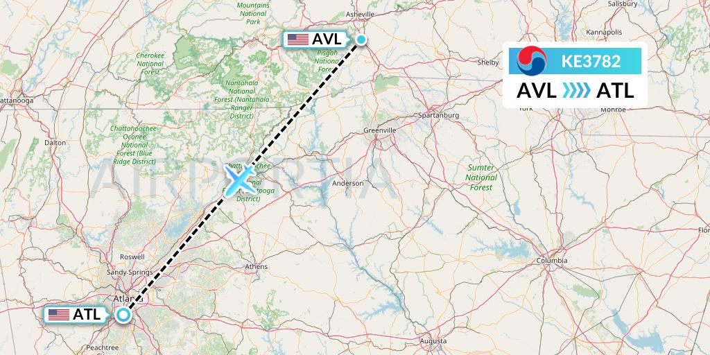 KE3782 Korean Air Flight Map: Asheville to Atlanta