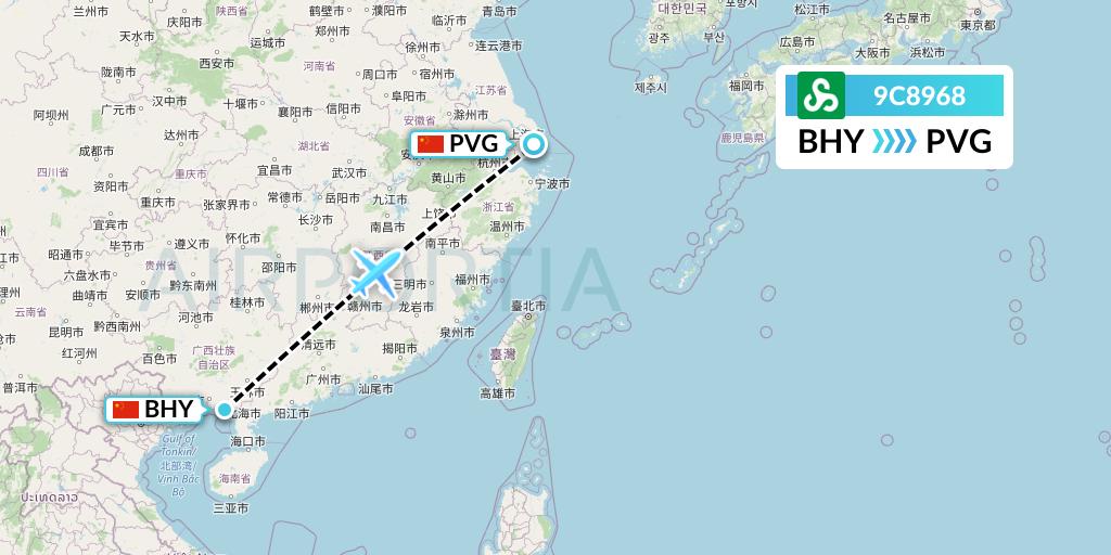 9C8968 Spring Airlines Flight Map: Beihai to Shanghai