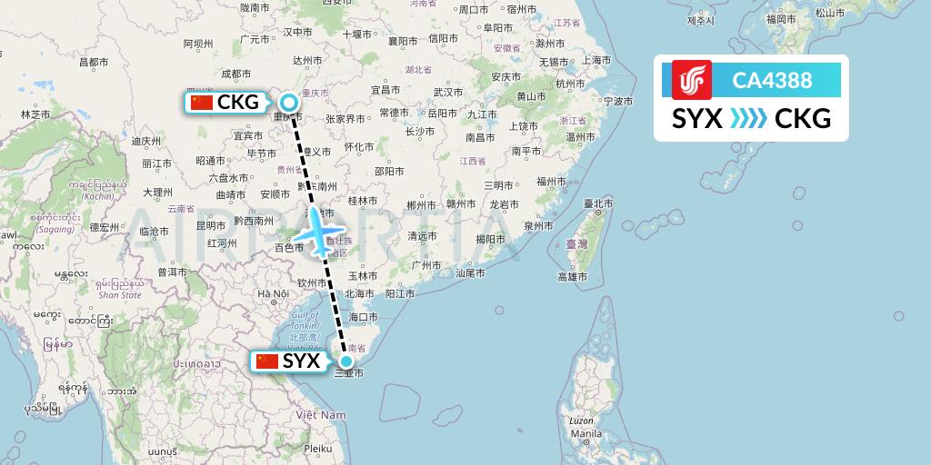 CA4388 Air China Flight Map: Sanya to Chongqing