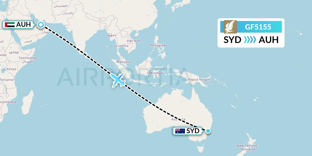 GF5155 Gulf Air Flight Map: Sydney to Abu Dhabi