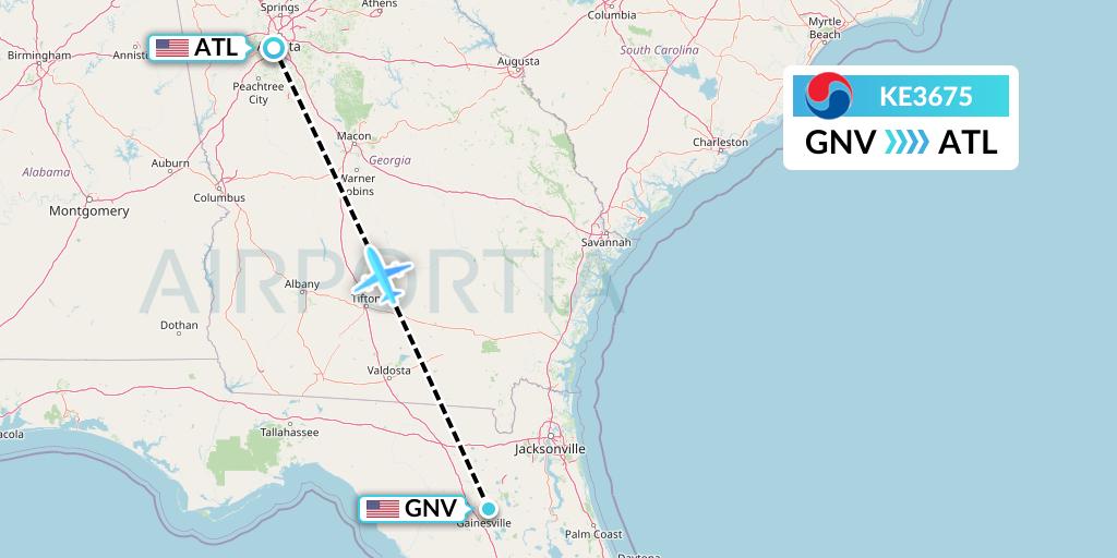 KE3675 Korean Air Flight Map: Gainesville to Atlanta