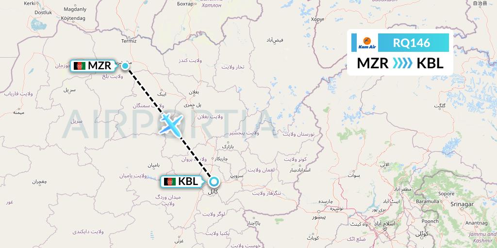 RQ146 Kam Air Flight Map: Mazar-I-Sharif to Kabul