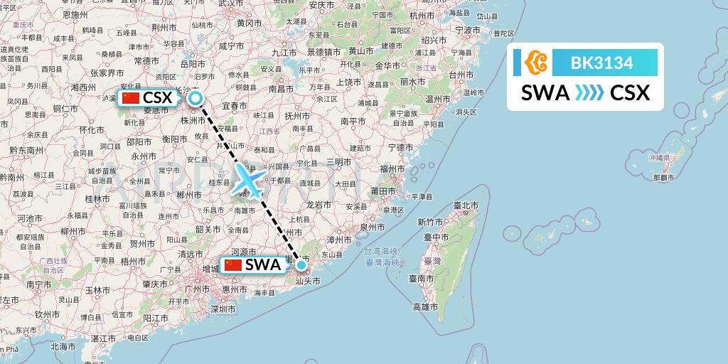 BK3134 Okay Airways Flight Map: Jieyang to Changsha