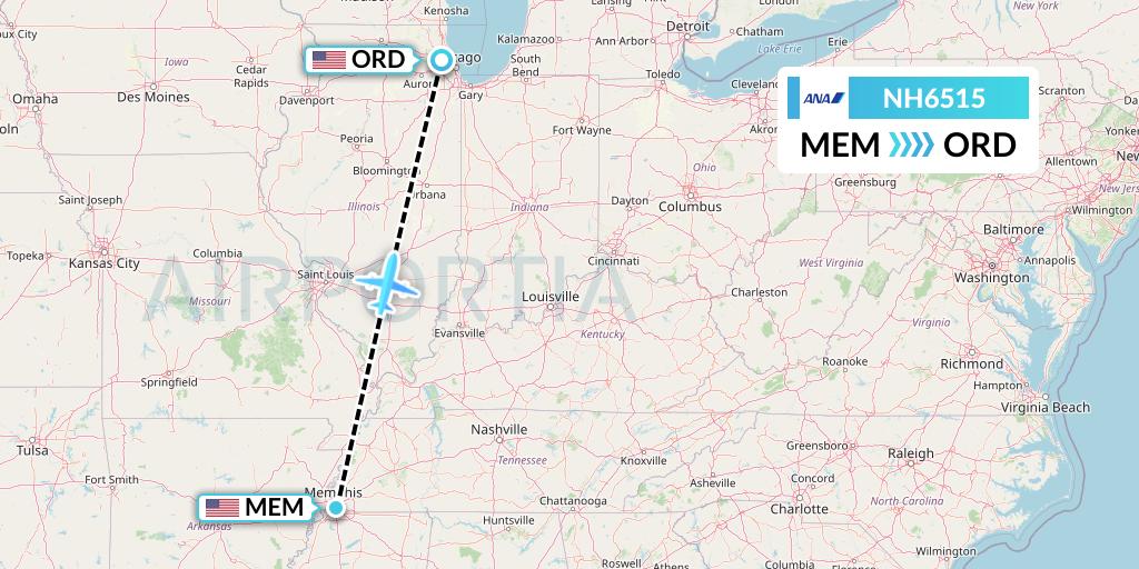 NH6515 All Nippon Airways Flight Map: Memphis to Chicago