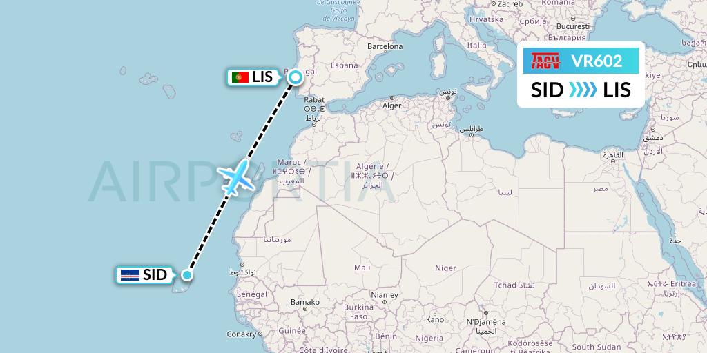 VR602 TACV Cape Verde Airlines Flight Map: Espargos to Lisbon