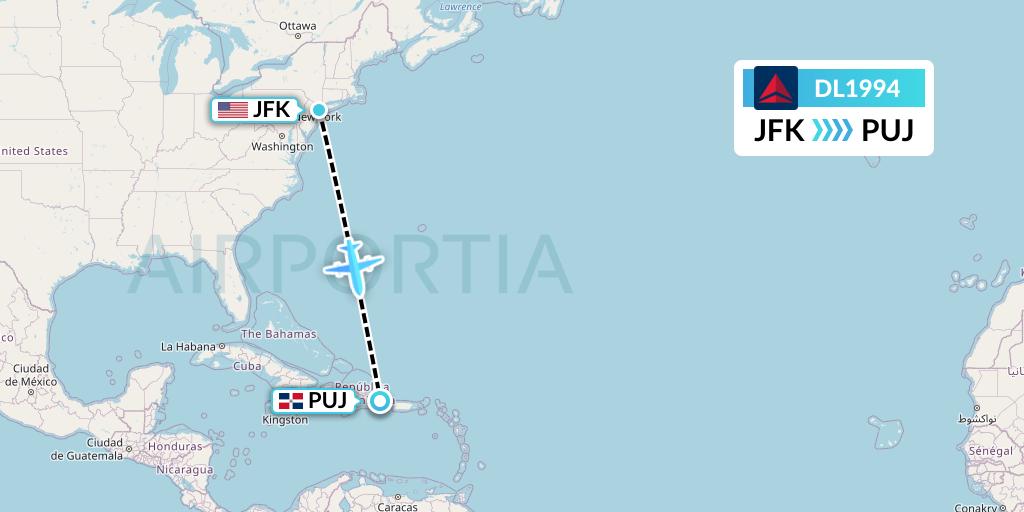DL1994 Delta Air Lines Flight Map: New York to Punta Cana