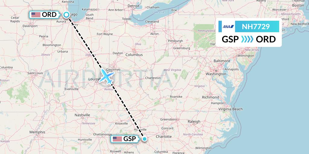 NH7729 All Nippon Airways Flight Map: Greenville-Spartanburg to Chicago