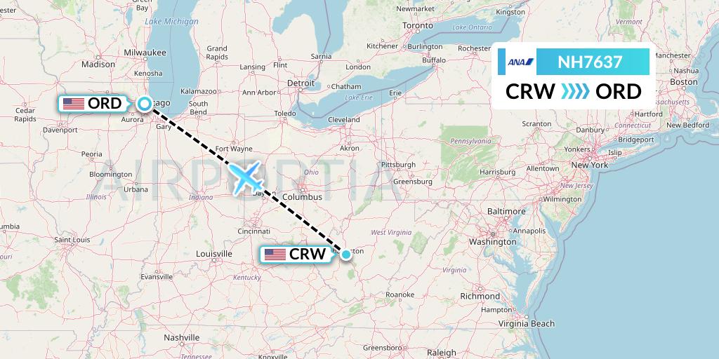 NH7637 All Nippon Airways Flight Map: Charleston to Chicago