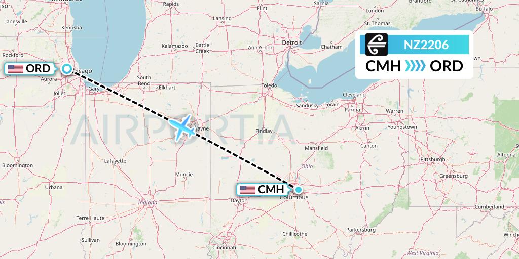 NZ2206 Air New Zealand Flight Map: Columbus to Chicago