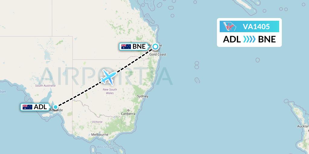 VA1405 Virgin Australia Flight Map: Adelaide to Brisbane