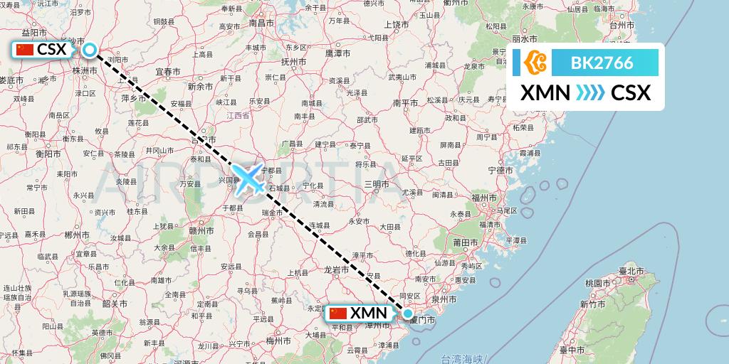 BK2766 Okay Airways Flight Map: Xiamen to Changsha