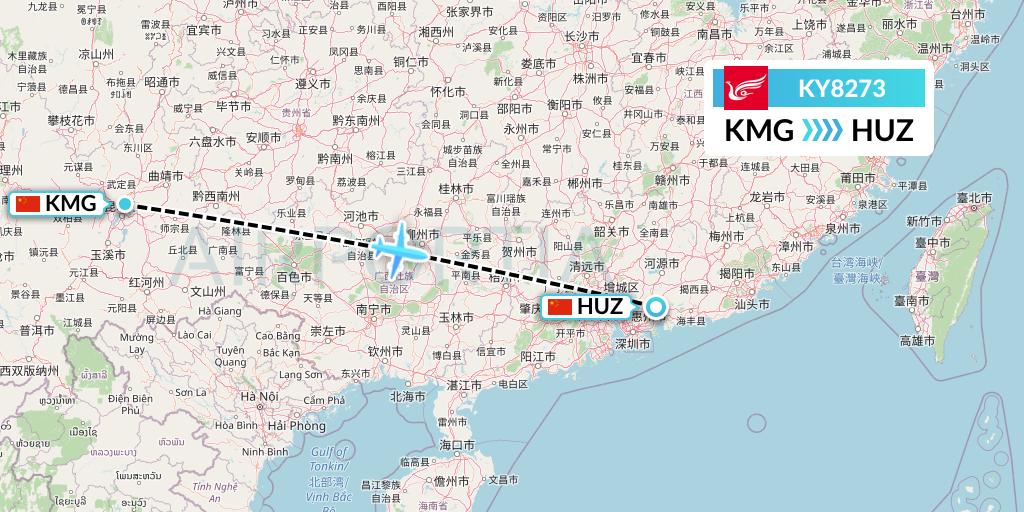 KY8273 Kunming Airlines Flight Map: Kunming to Huizhou
