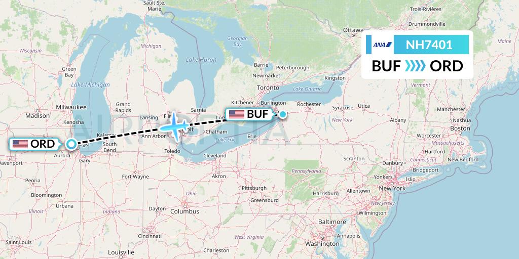 NH7401 All Nippon Airways Flight Map: Buffalo to Chicago