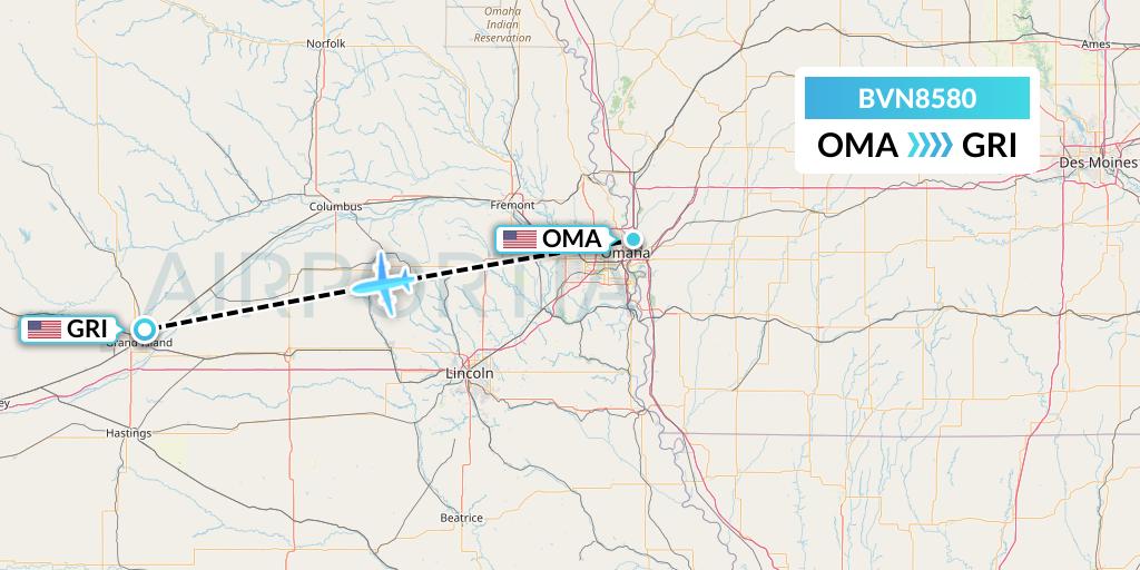 BVN8580 Baron Aviation Services Flight Map: Omaha to Grand Island