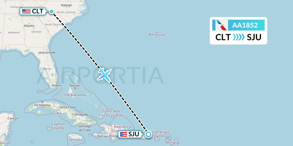 AA1852 American Airlines Flight Map: Charlotte to San Juan