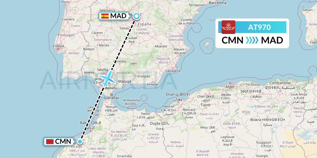 AT970 Royal Air Maroc Flight Map: Casablanca to Madrid