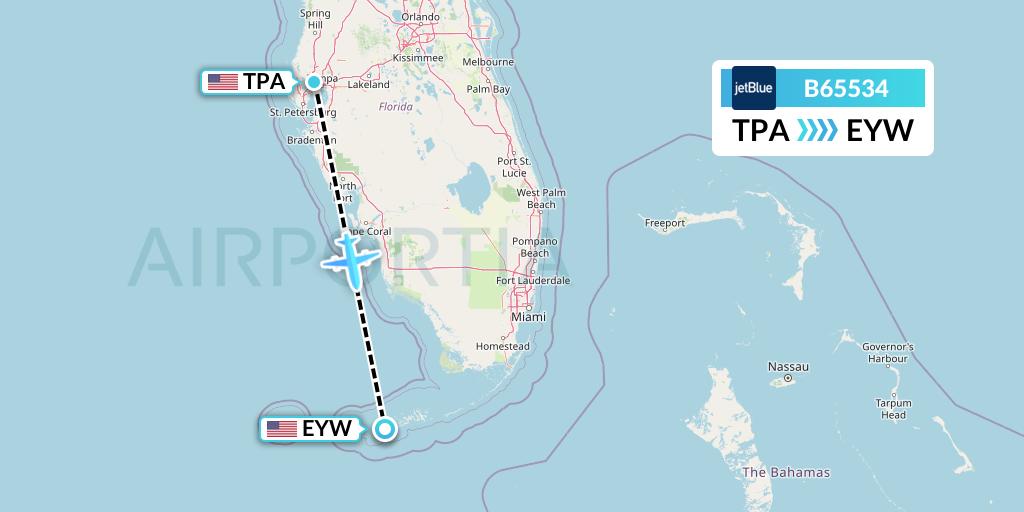 B65534 JetBlue Airways Flight Map: Tampa to Key West