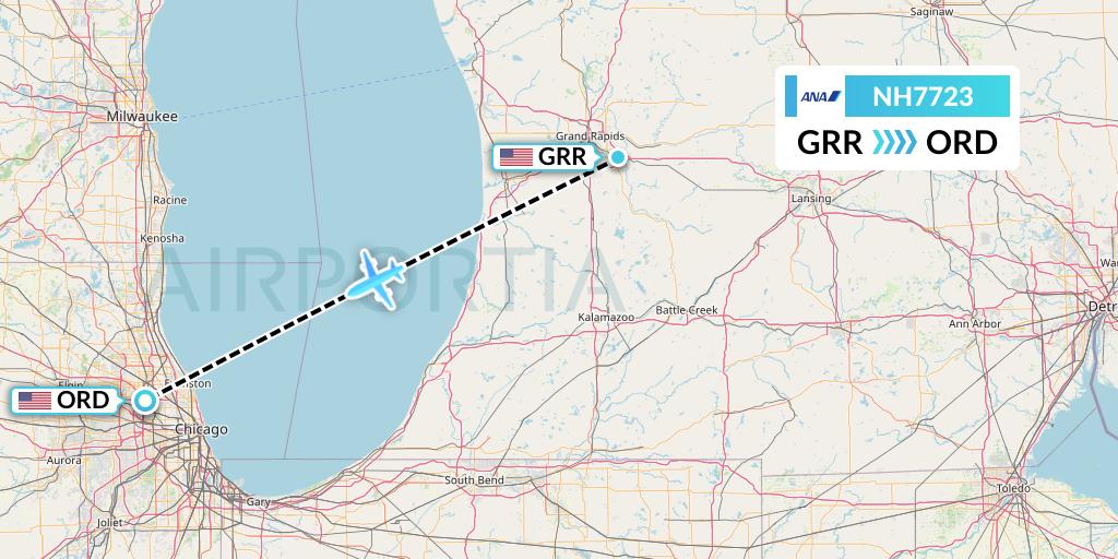 NH7723 All Nippon Airways Flight Map: Grand Rapids to Chicago
