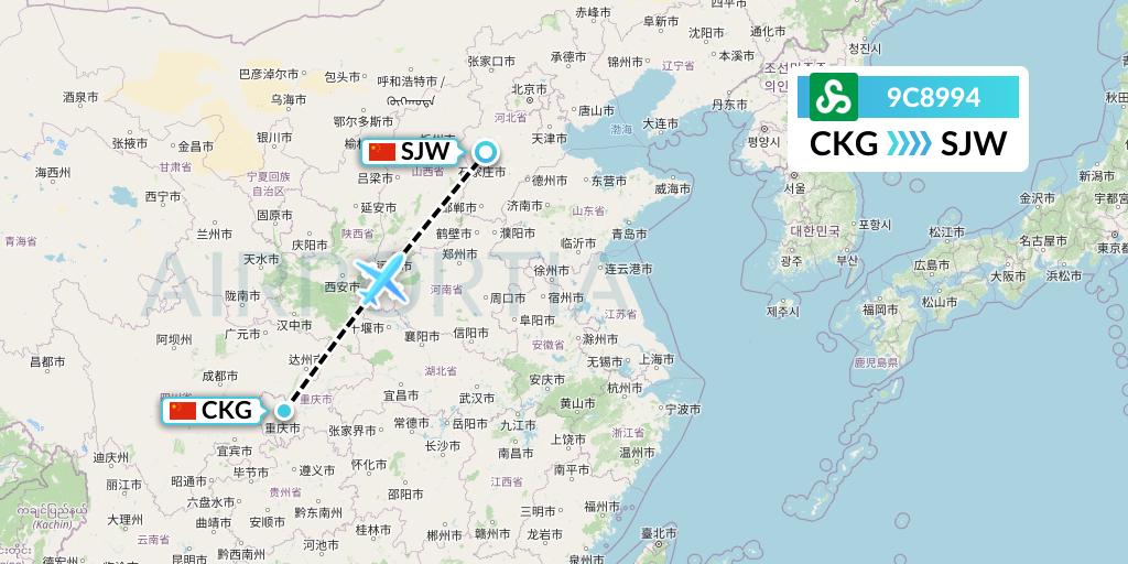 9C8994 Spring Airlines Flight Map: Chongqing to Shijiazhuang