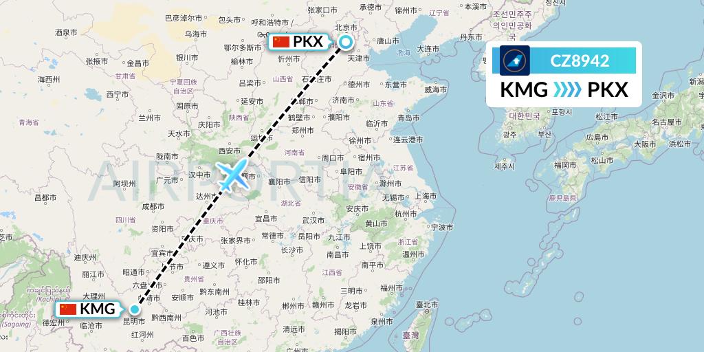 CZ8942 China Southern Airlines Flight Map: Kunming to Beijing