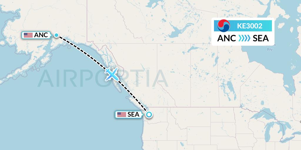KE3002 Korean Air Flight Map: Anchorage to Seattle