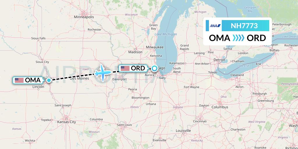 NH7773 All Nippon Airways Flight Map: Omaha to Chicago