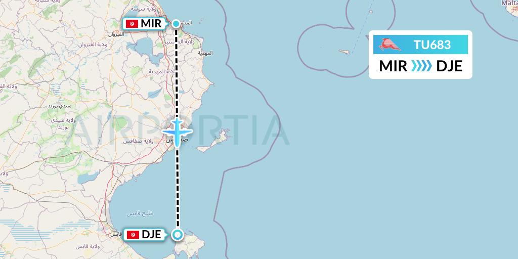 TU683 Tunisair Flight Map: Monastir to Djerba