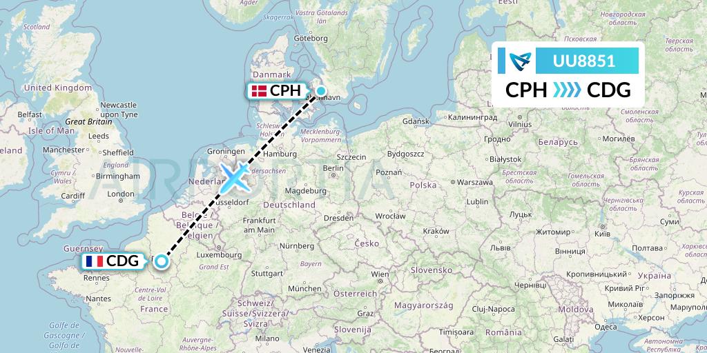 UU8851 Air Austral Flight Map: Copenhagen to Paris